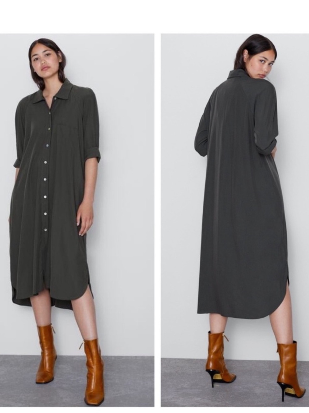 NWT! Zara Dark Olive Button Front Midi Shirt Dress - Size S